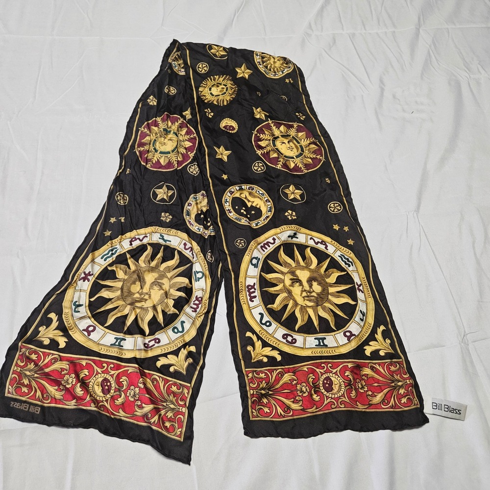Bill Blass Zodiac Sun Silk Scarf Women OS Black Gold Celestial Astrology Vintage